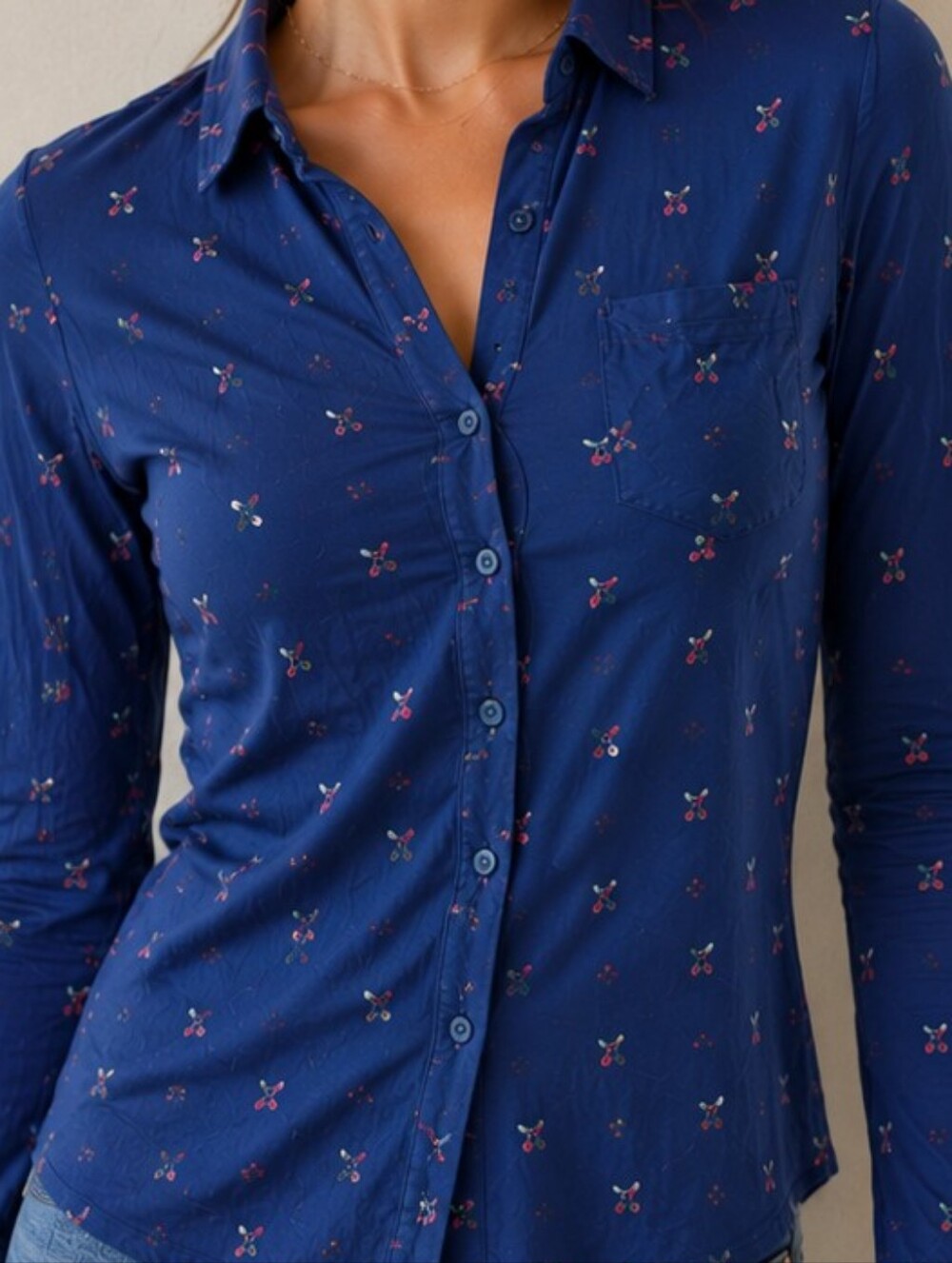 Women's Navy Blue Cherry Print Button-Up Blouse (Size S)